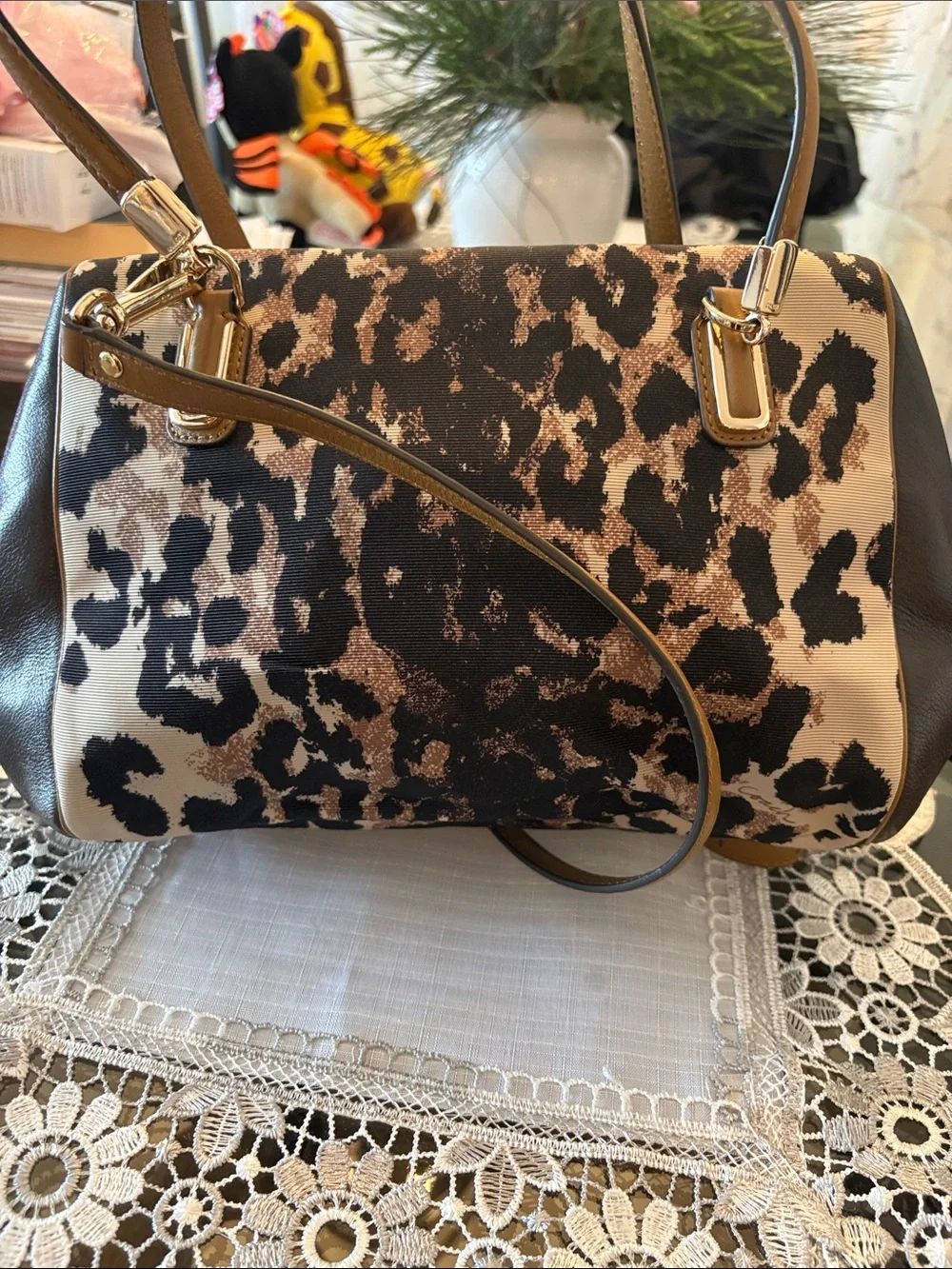 Coach Leopard-Print Canvas Satchel in Black and Brown with Gold Hardware